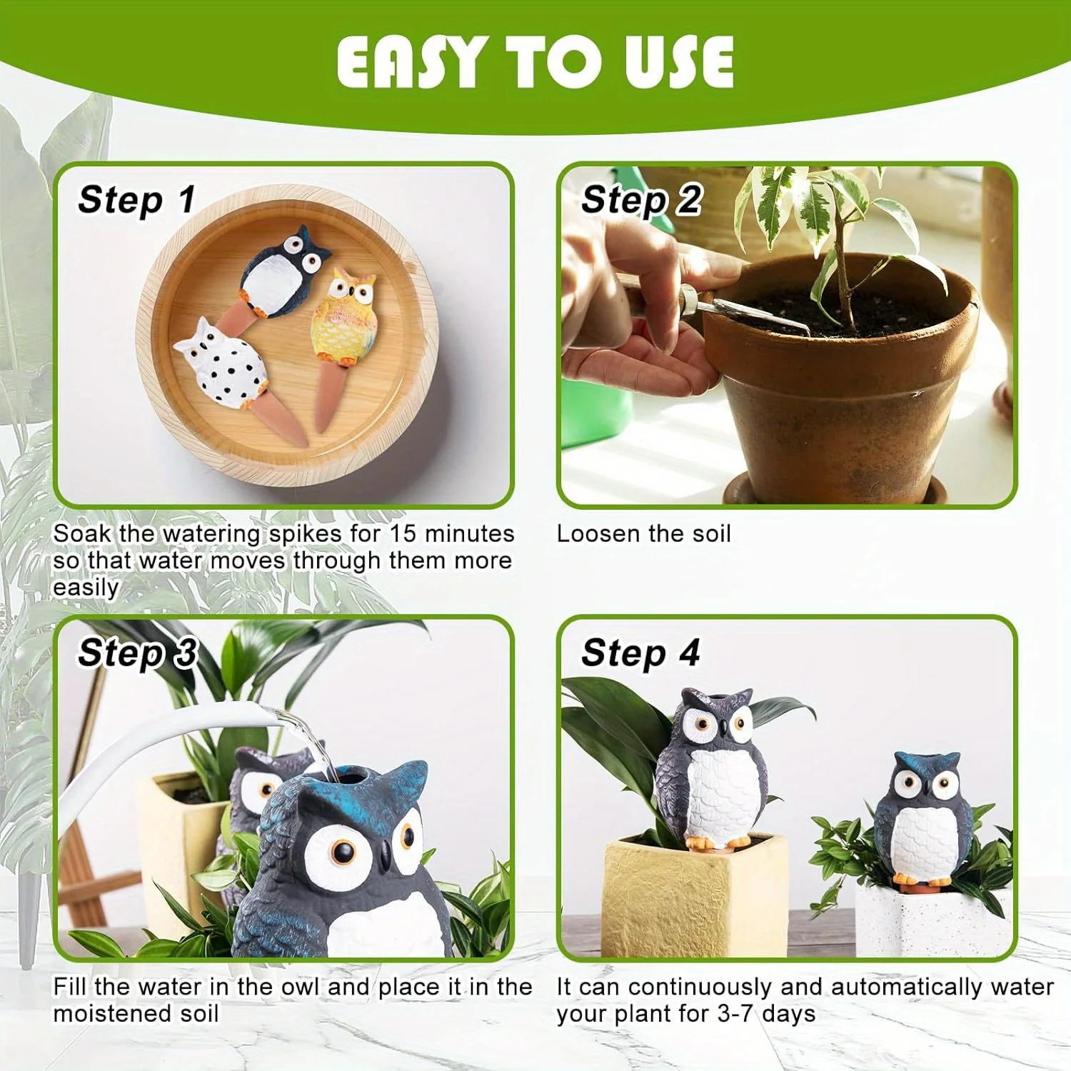 4pcs Self Watering Stake 4pcs Self Watering Owl Shaped Stake | Potted Plant Self Watering Spikes, Plant Care Tool Kit, Suitable for Indoor and Outdoor Plant